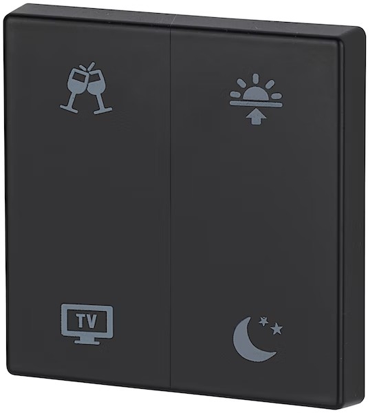 Kryt RF tlačítka 55x55mm s potiskem (Večeře. TV. Ráno. Večer) Jet černá matná | CWIZ-02/d9